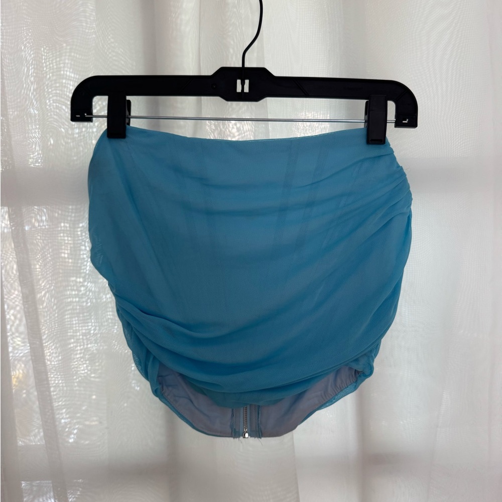 Blue Mesh Ruched Strapless Tube Top